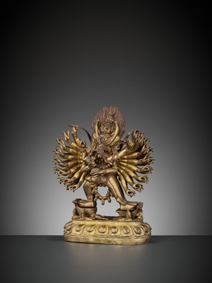 Lot 414 - A GILT BRONZE FIGURE OF VAJRABHAIRAVA AND VAJRA VETALI, QIANLONG