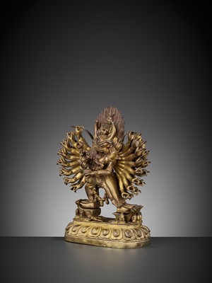 Lot 414 - A GILT BRONZE FIGURE OF VAJRABHAIRAVA AND VAJRA VETALI, QIANLONG