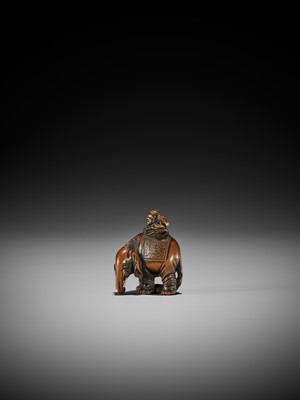 Lot 244 - HOSHUNSAI MASAYUKI: A RARE WOOD NETSUKE OF A FOREIGNER RIDING AN ELEPHANT