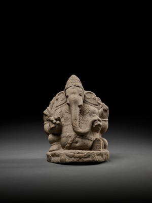 Lot 593 - AN IMPORTANT AND EARLY GRANITE FIGURE OF GANESHA, LATE CHOLA DYNASTY