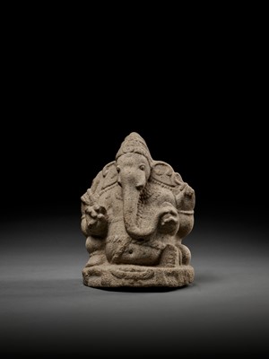 Lot 593 - AN IMPORTANT AND EARLY GRANITE FIGURE OF GANESHA, LATE CHOLA DYNASTY
