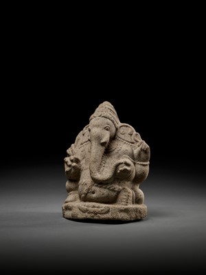 Lot 593 - AN IMPORTANT AND EARLY GRANITE FIGURE OF GANESHA, LATE CHOLA DYNASTY