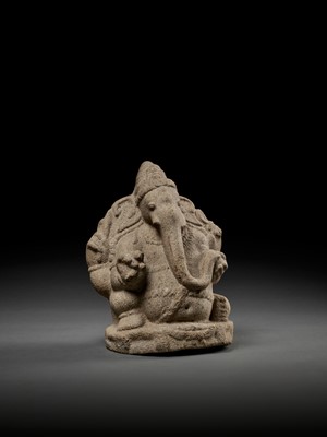 Lot 593 - AN IMPORTANT AND EARLY GRANITE FIGURE OF GANESHA, LATE CHOLA DYNASTY