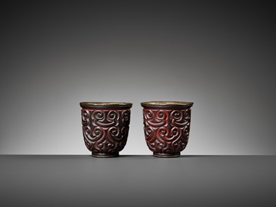 Lot 410 - A PAIR OF RARE FORM TIXI LACQUER TALL CUPS, MING DYNASTY