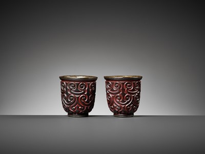 Lot 410 - A PAIR OF RARE FORM TIXI LACQUER TALL CUPS, MING DYNASTY