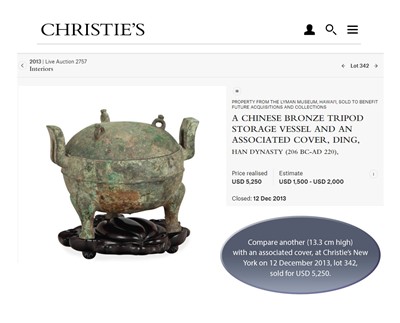 Lot 331 - A BRONZE TRIPOD VESSEL AND COVER, DING, HAN DYNASTY