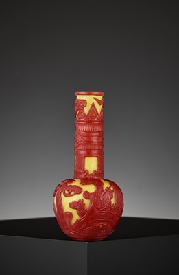 Lot 18 - A CARVED RED-OVERLAY YELLOW GLASS BOTTLE VASE, QIANLONG MARK AND PERIOD