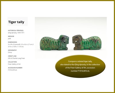Lot 70 - A PAIR OF ALTERED SERPENTINE ARCHAISTIC ‘TIGER’ TALLIES, HU-FU, QING DYNASTY OR EARLIER
