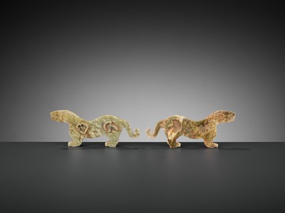 Lot 70 - A PAIR OF ALTERED SERPENTINE ARCHAISTIC ‘TIGER’ TALLIES, HU-FU, QING DYNASTY OR EARLIER