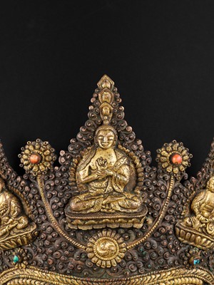 Lot 422 - A PARCEL-GILT AND INLAID COPPER VAJRACHARYA CROWN, 18TH-19TH CENTURY