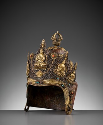 Lot 422 - A PARCEL-GILT AND INLAID COPPER VAJRACHARYA CROWN, 18TH-19TH CENTURY