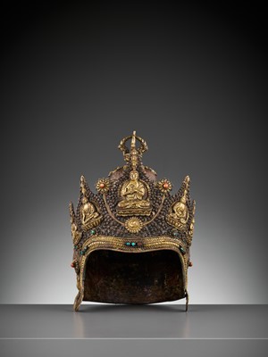 Lot 422 - A PARCEL-GILT AND INLAID COPPER VAJRACHARYA CROWN, 18TH-19TH CENTURY