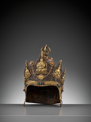 Lot 422 - A PARCEL-GILT AND INLAID COPPER VAJRACHARYA CROWN, 18TH-19TH CENTURY