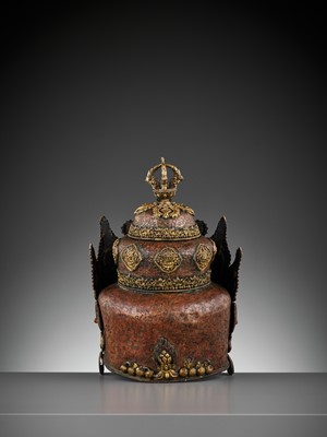 Lot 422 - A PARCEL-GILT AND INLAID COPPER VAJRACHARYA CROWN, 18TH-19TH CENTURY