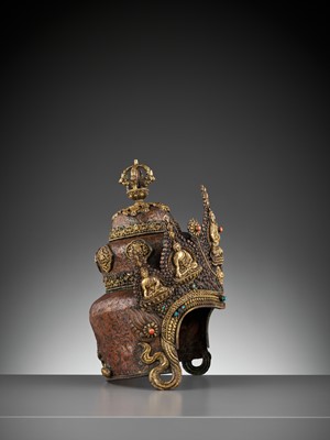 Lot 422 - A PARCEL-GILT AND INLAID COPPER VAJRACHARYA CROWN, 18TH-19TH CENTURY