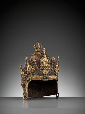 Lot 422 - A PARCEL-GILT AND INLAID COPPER VAJRACHARYA CROWN, 18TH-19TH CENTURY