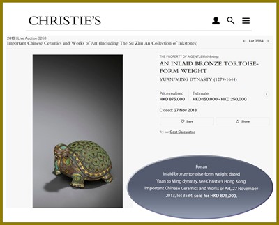 Lot 346 - A SILVER-INLAID BRONZE ‘TURTLE’ WEIGHT, ATTRIBUTED TO SHISOU, LATE MING DYNASTY