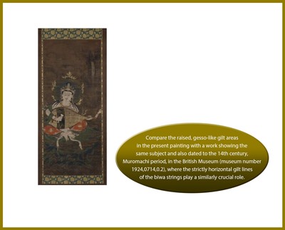 Lot 125 - A VERY EARLY AND IMPORTANT SILK PAINTING OF BENZAITEN, C. 1400