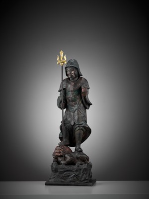 Lot 132 - A PARTLY GILT, PAINTED AND LACQUERED WOOD FIGURE OF BISHAMONTEN