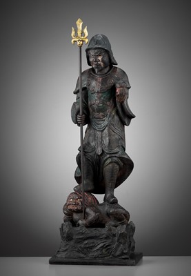 Lot 132 - A PARTLY GILT, PAINTED AND LACQUERED WOOD FIGURE OF BISHAMONTEN