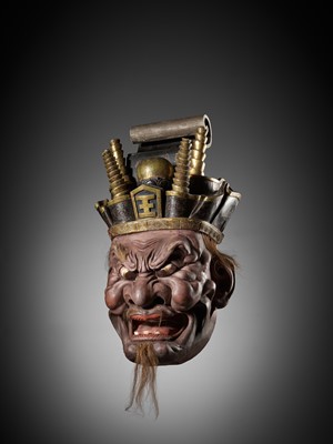 A MONUMENTAL INLAID AND LACQUERED WOOD MASK OF EMMA-O, THE KING AND JUDGE OF HELL