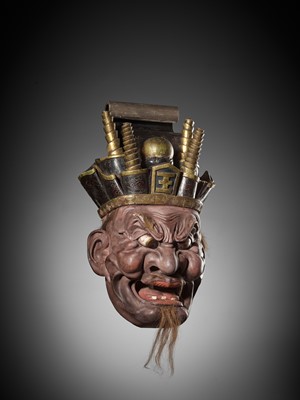 Lot 83 - A MONUMENTAL INLAID AND LACQUERED WOOD MASK OF EMMA-O, THE KING AND JUDGE OF HELL