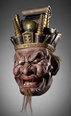 Lot 296 - A MONUMENTAL INLAID AND LACQUERED WOOD MASK OF EMMA-O, THE KING AND JUDGE OF HELL