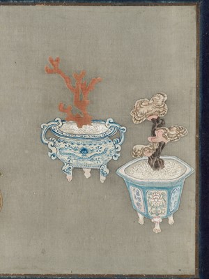 Lot 505 - A PAINTED AND EMBROIDERED ‘PEACHES, CORAL AND LINGZHI’ SILK PANEL, QING DYNASTY