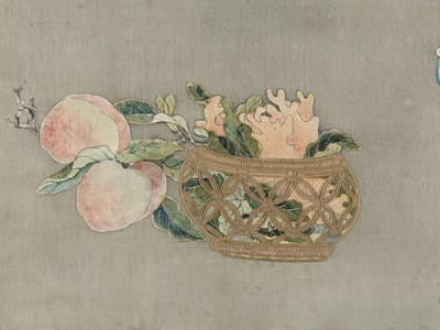 Lot 505 - A PAINTED AND EMBROIDERED ‘PEACHES, CORAL AND LINGZHI’ SILK PANEL, QING DYNASTY