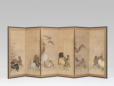 Lot 294 - A RARE HASEGAWA SCHOOL SIX-PANEL BYOBU (FOLDING SCREEN) WITH HORSES