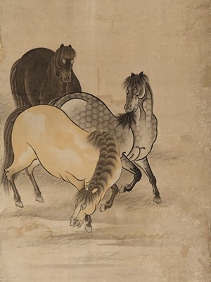 Lot 294 - A RARE HASEGAWA SCHOOL SIX-PANEL BYOBU (FOLDING SCREEN) WITH HORSES