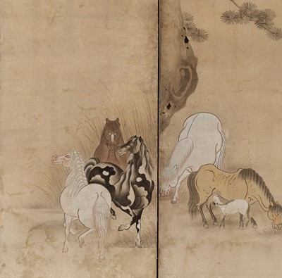 Lot 294 - A RARE HASEGAWA SCHOOL SIX-PANEL BYOBU (FOLDING SCREEN) WITH HORSES