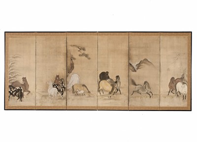 Lot 294 - A RARE HASEGAWA SCHOOL SIX-PANEL BYOBU (FOLDING SCREEN) WITH HORSES