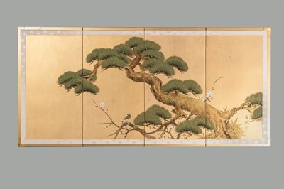 Lot 573 - KANPU: A FOUR-PANEL FOLDING SCREEN WITH PINE AND PLUM