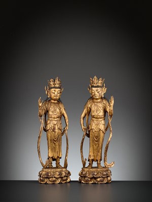 Lot 369 - A PAIR OF EARLY GUANYIN WOOD FIGURES, 1026-1185 AD, EXTREMELY WELL-PRESERVED