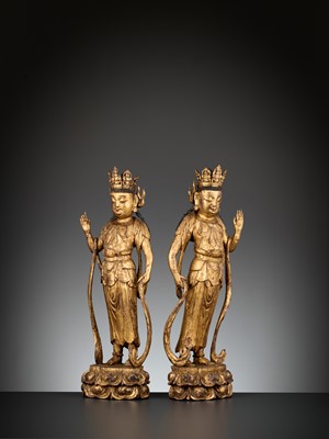 Lot 369 - A PAIR OF EARLY GUANYIN WOOD FIGURES, 1026-1185 AD, EXTREMELY WELL-PRESERVED