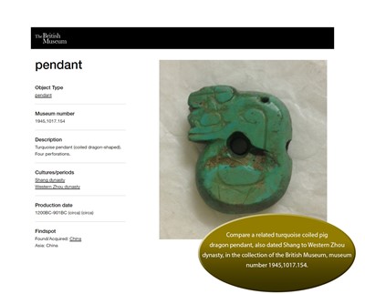 Lot 58 - A TURQUOISE MATRIX ‘PIG-DRAGON’ PENDANT, SHANG TO WESTERN ZHOU DYNASTY