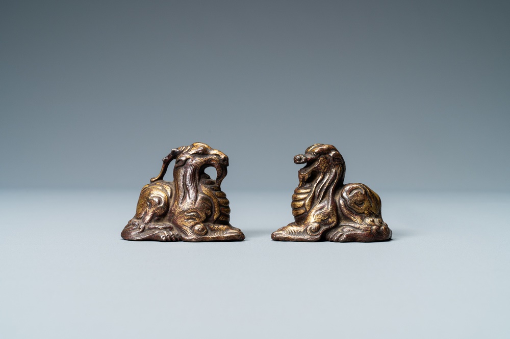 Lot 361 - A PAIR OF GILT BRONZE 'MYTHICAL BEAST'