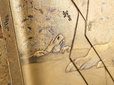 Lot 381 - A LACQUER TEBAKO DEPICTING A LANDSCAPE WITH BAMBOO