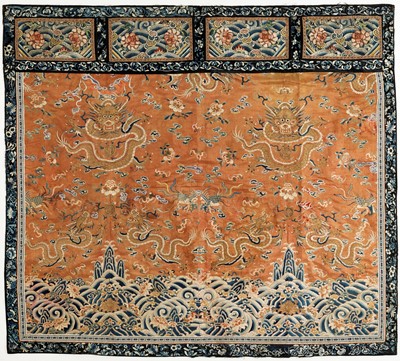 Lot 504 - AN APRICOT-GROUND SILK BROCADE ‘DRAGON’ HANGING, QING DYNASTY
