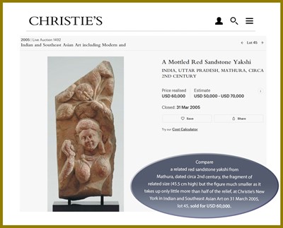 Lot 585 - A PINK SANDSTONE RELIEF DEPICTING A SHALABHANJIKA, MATHURA, SHUNGA PERIOD