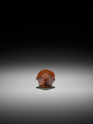 Lot 232 - HIDARI ISSAN: A KURUMI (WALNUT) NETSUKE OF A FLEDGLING QUAIL