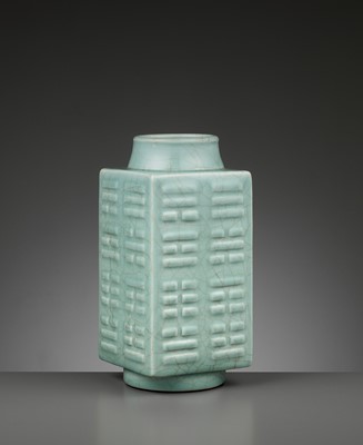Lot 275 - A GUAN-TYPE CELADON-GLAZED CONG-FORM VASE WITH THE EIGHT TRIGRAMS, TONGZHI MARK AND PERIOD