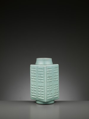 Lot 275 - A GUAN-TYPE CELADON-GLAZED CONG-FORM VASE WITH THE EIGHT TRIGRAMS, TONGZHI MARK AND PERIOD