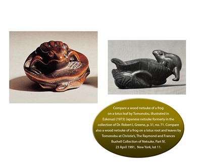 Lot 85 - TOMONOBU: A RARE LACQUERED WOOD NETSUKE OF A GOLDEN FROG ON A LOTUS LEAF