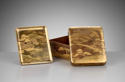 Lot 160 - A FINE LACQUER KOBAKO WITH LANDSCAPES