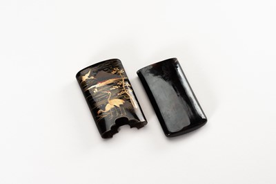 Lot 388 - A FINE LACQUERED TORTOISESHELL CASE WITH MOUNT FUJI AND CRANES