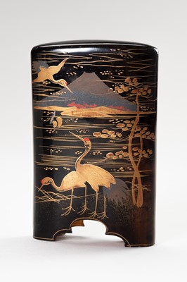 Lot 388 - A FINE LACQUERED TORTOISESHELL CASE WITH MOUNT FUJI AND CRANES