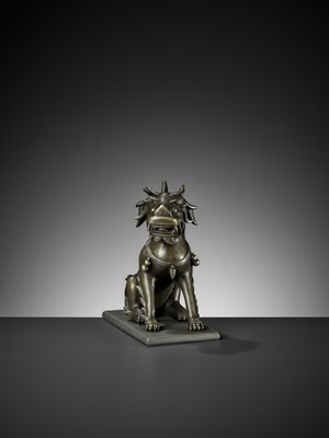 Lot 22 - A SILVER WIRE-INLAID BRONZE FIGURE OF A QILIN, ATTRIBUTED TO SHISOU, QING DYNASTY