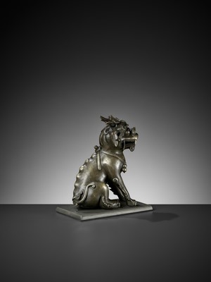Lot 22 - A SILVER WIRE-INLAID BRONZE FIGURE OF A QILIN, ATTRIBUTED TO SHISOU, QING DYNASTY
